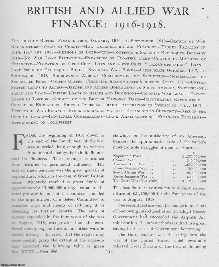 Item #365427 World War 1 : British and Allied War Finance : 1916-1918. An uncommon original...