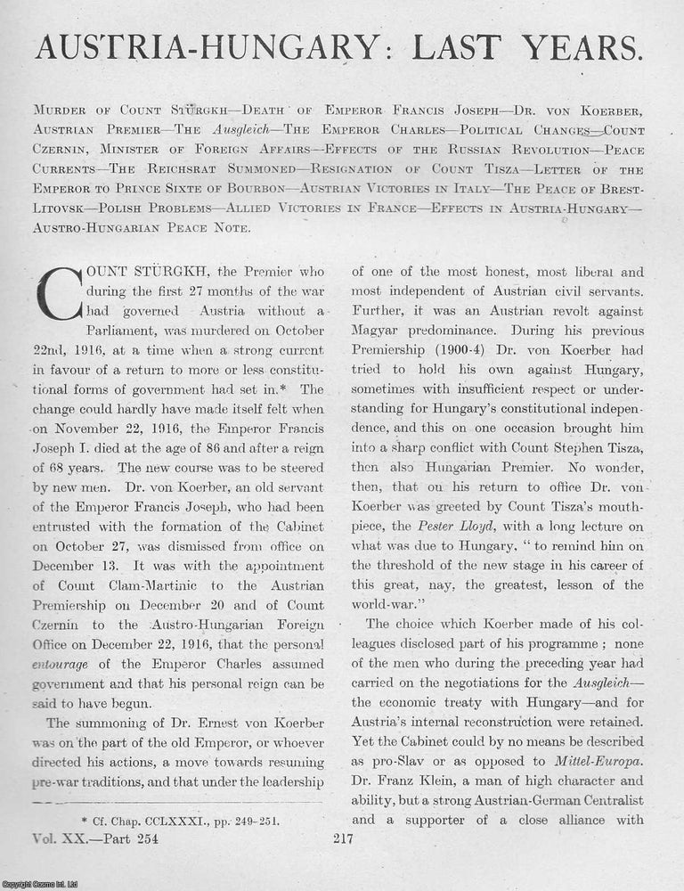 Item #365455 World War 1 : Austria-Hungary : Last Years. An uncommon original article from The...