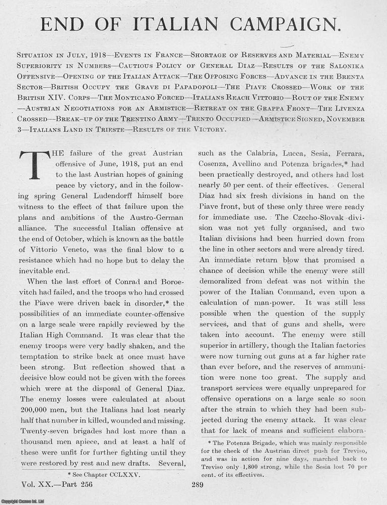 Item #365457 World War 1 : End of Italian Campaign. An uncommon original article from The Times...