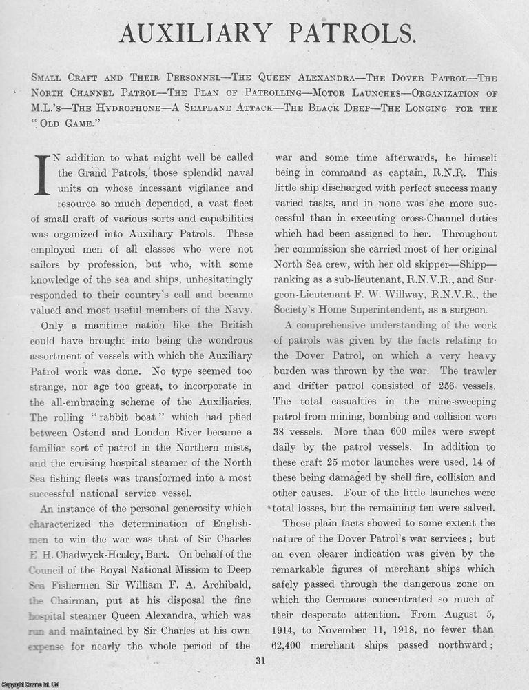 Item #365465 World War 1 : Auxiliary Patrols. An uncommon original article from The Times History...