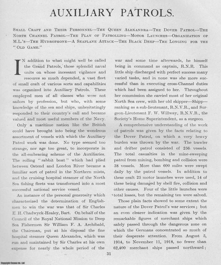 Item #365465 World War 1 : Auxiliary Patrols. An uncommon original article from The Times History...