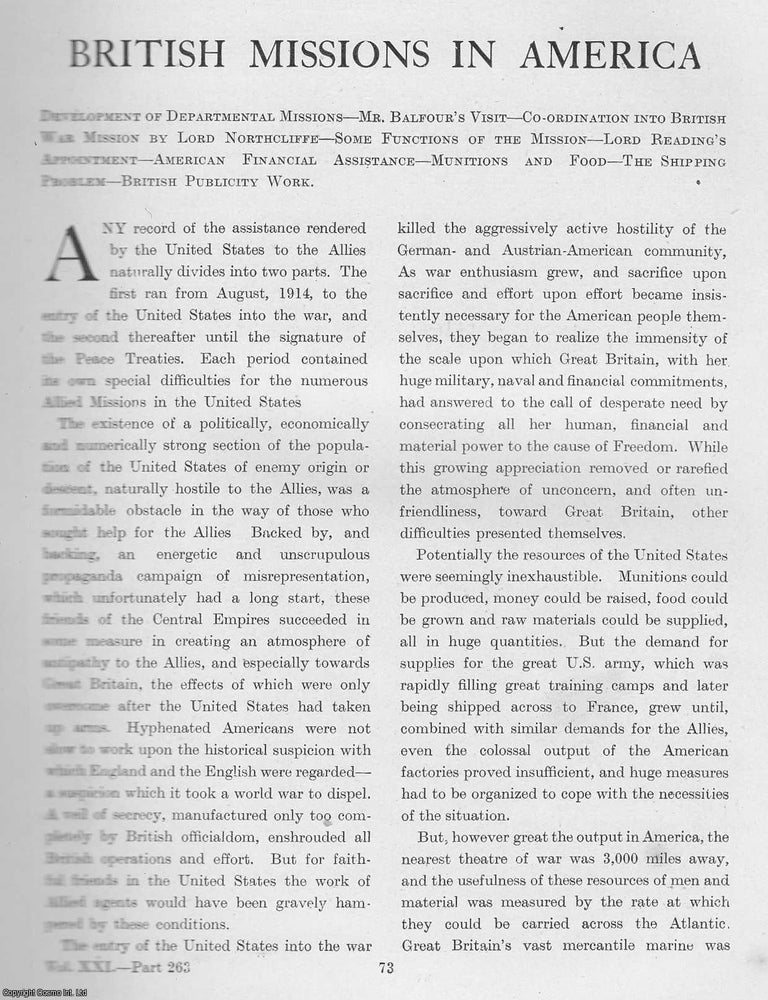 Item #365467 World War 1 : British Missions in America. An uncommon original article from The...