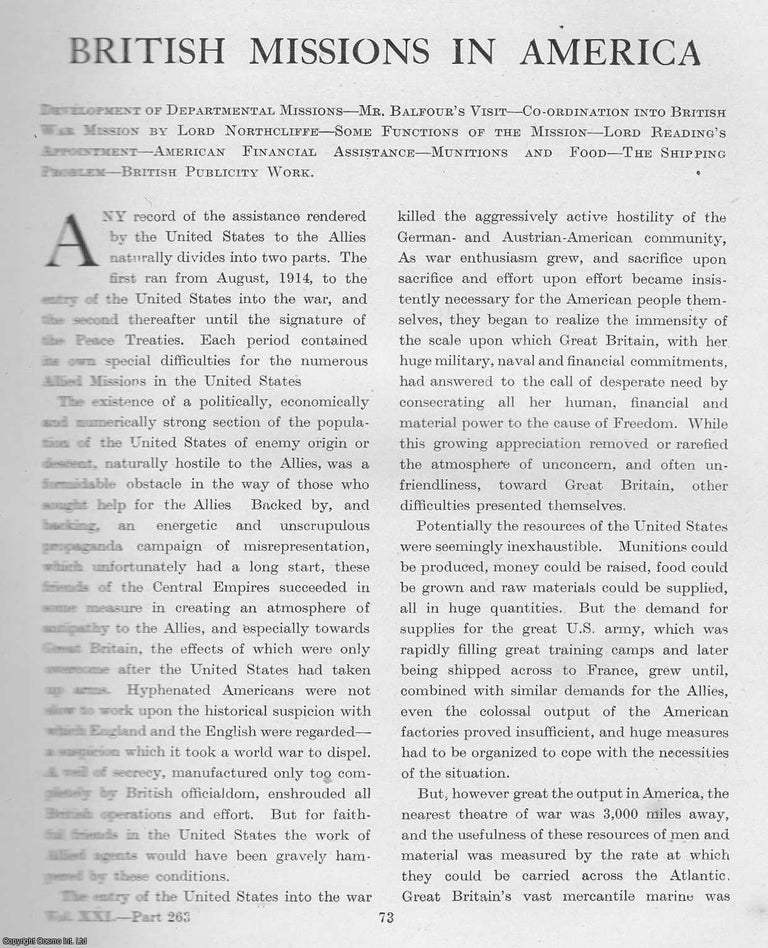 Item #365467 World War 1 : British Missions in America. An uncommon original article from The...