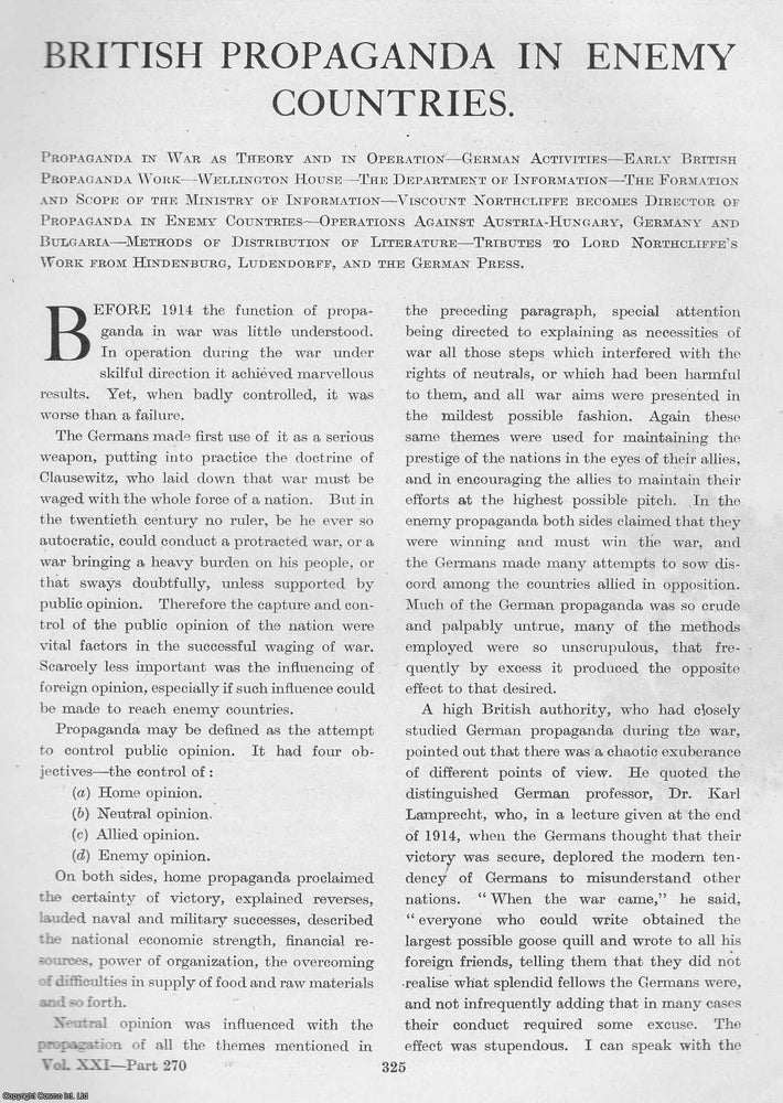 Item #365475 World War 1 : British Propaganda in Enemy Countries. An uncommon original article...