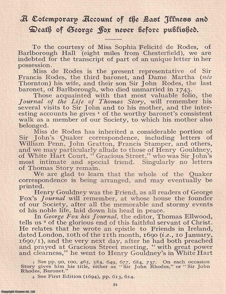 Item #365482 Quakers: A Contemporary Account of the Last Illness and Death of George Fox. An...
