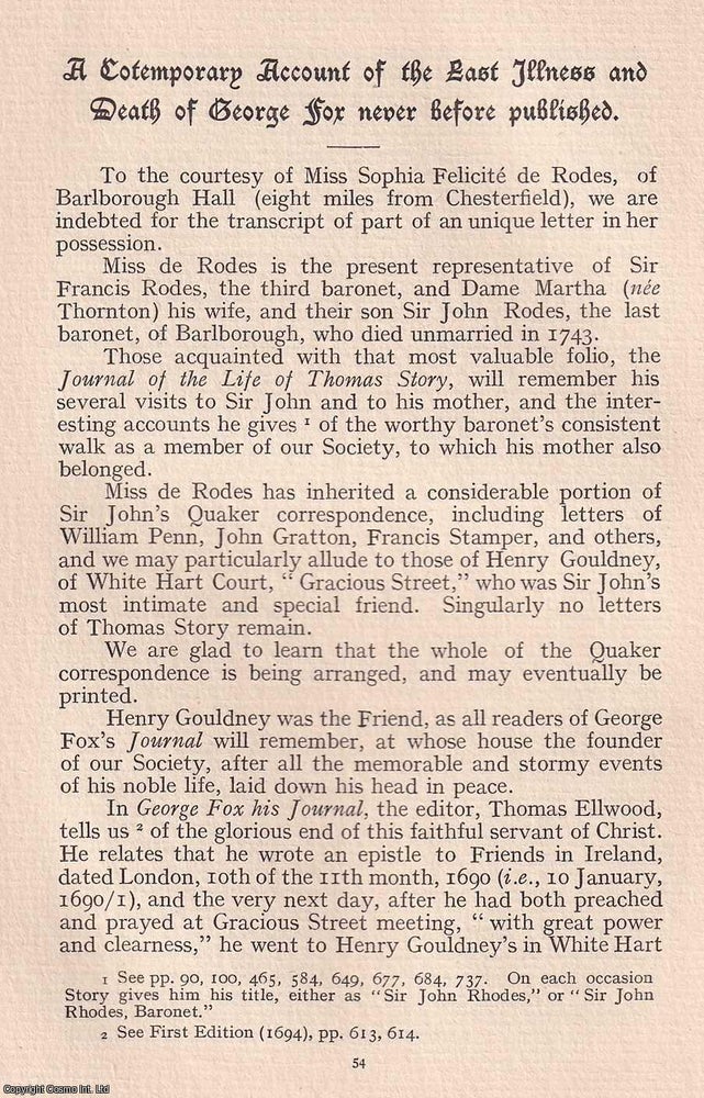 Item #365482 Quakers: A Contemporary Account of the Last Illness and Death of George Fox. An...