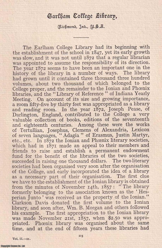 Item #365489 Quakers: Earlham College Library, Richmond, Indiana. An original article from the...