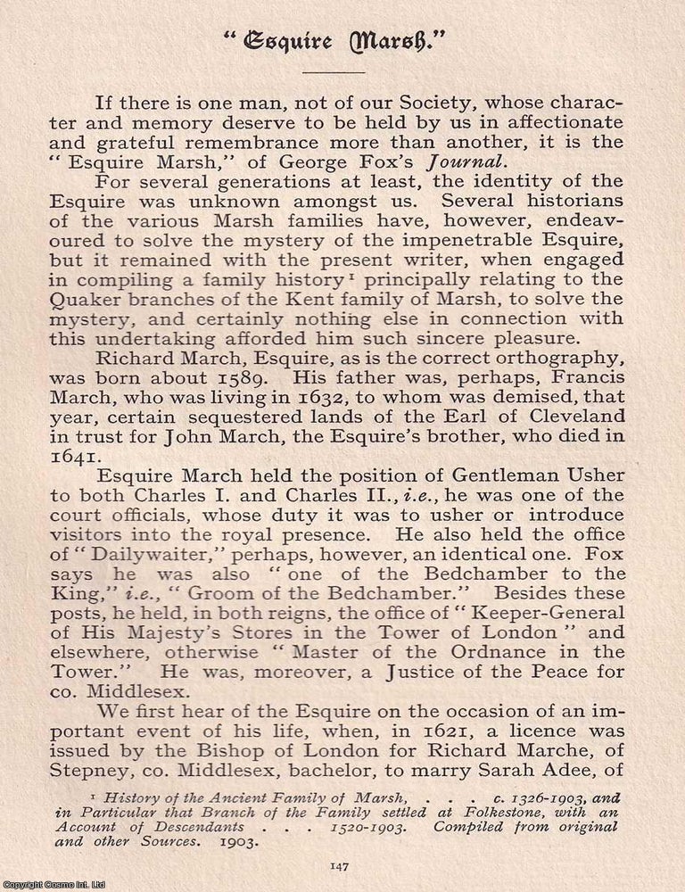 Item #365491 Quakers: Richard Marsh, Esquire (as noted in George Fox's Journal). An original...