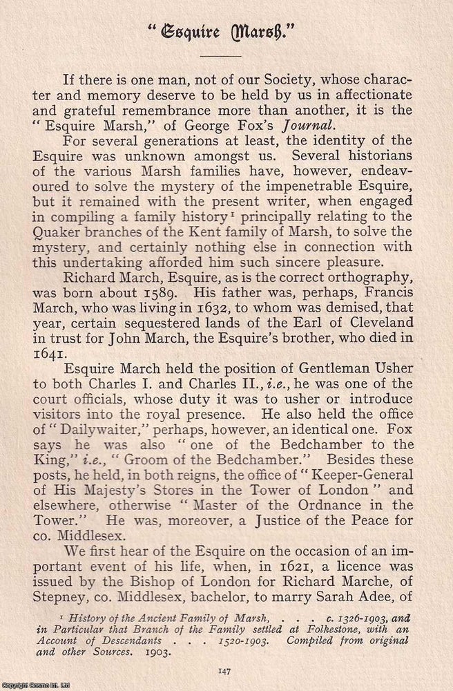 Item #365491 Quakers: Richard Marsh, Esquire (as noted in George Fox's Journal). An original...