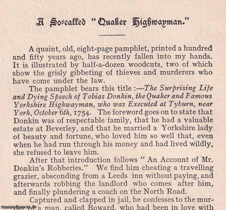 Item #365494 Quakers: Tobias Donkin, A So-Called Quaker Highwayman. An original article from the...