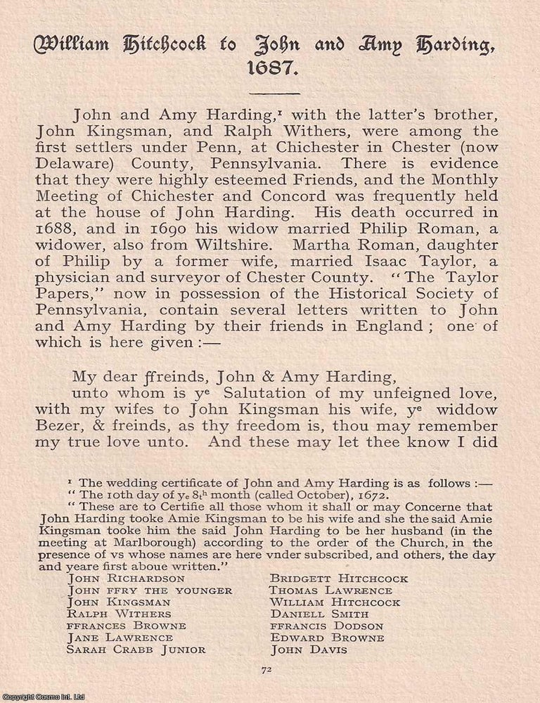 Item #365495 Quakers: A Letter from William Hitchcock to John and Amy Harding, 1687. An original...