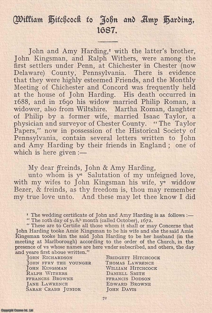 Item #365495 Quakers: A Letter from William Hitchcock to John and Amy Harding, 1687. An original...