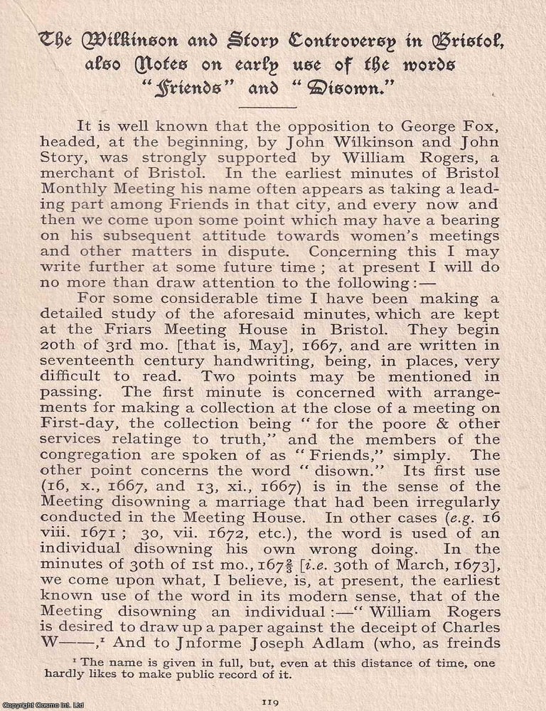 Item #365499 Quakers: The Wilkinson and Story Controversy in Bristol. An original article from...