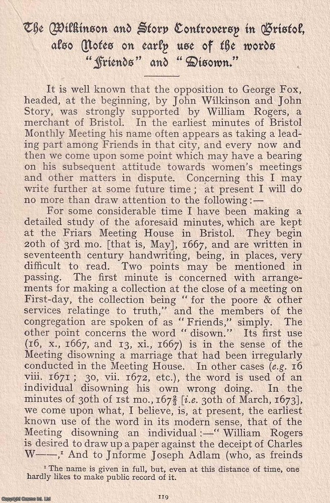 Item #365499 Quakers: The Wilkinson and Story Controversy in Bristol. An original article from...