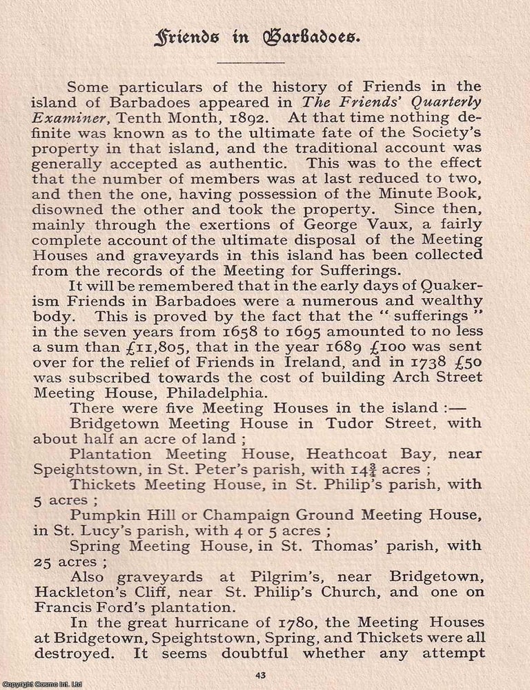 Item #365503 Quakers: Friends in Barbadoes. An original article from the Journal of the...