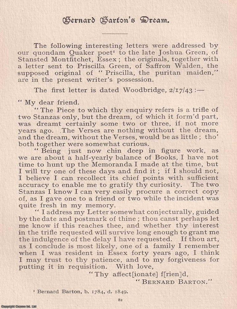 Item #365504 Quakers: Bernard Barton's Dream. An original article from the Journal of the...