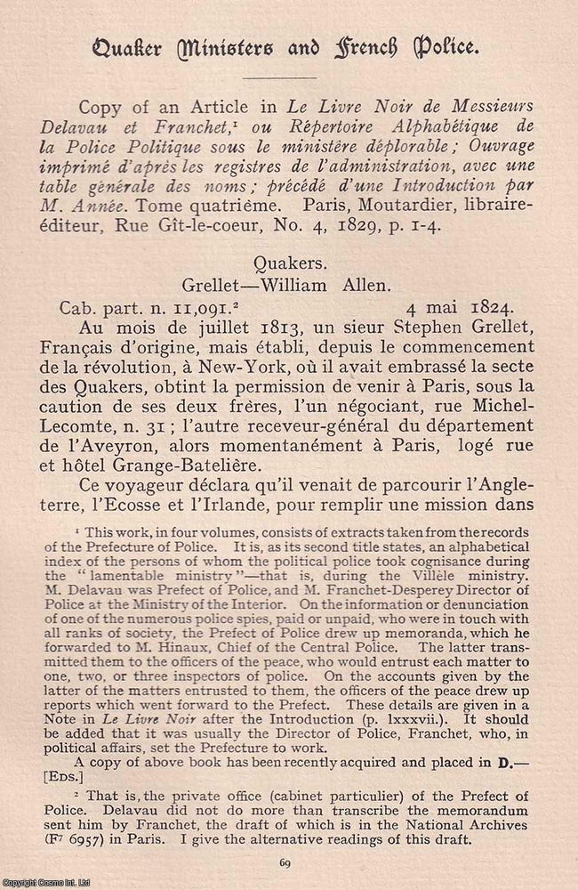 Item #365507 Quakers: Quaker Ministers and French Police. An original article from the Journal of...