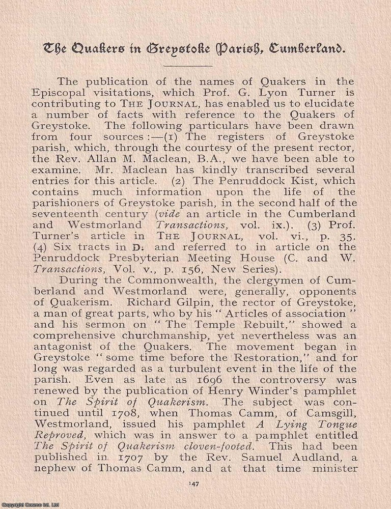 Item #365521 Quakers: The Quakers in Greystoke Parish, Cumberland. An original article from the...