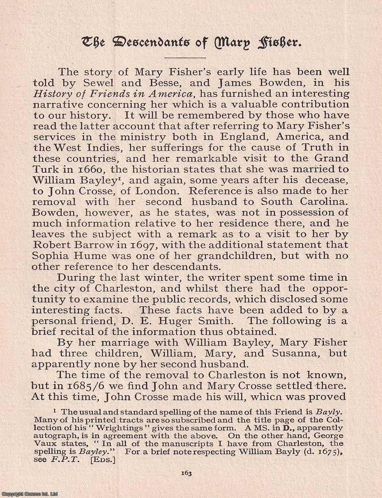 Item #365522 Quakers: The Descendants of Mary Fisher. An original article from the Journal of the...