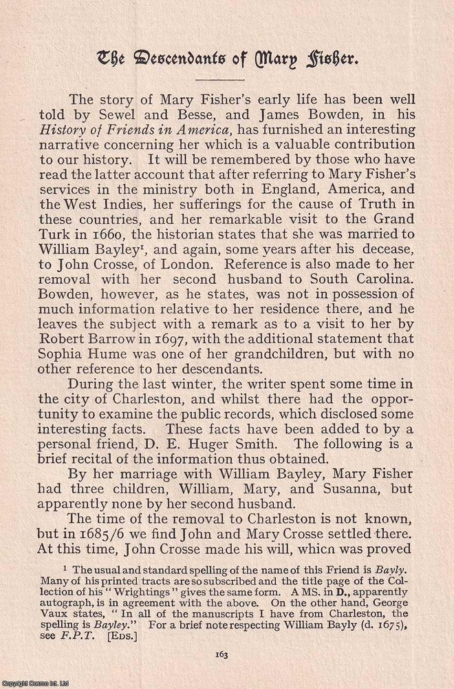 Item #365522 Quakers: The Descendants of Mary Fisher. An original article from the Journal of the...