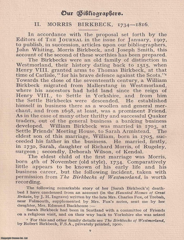 Item #365531 Quakers: Morris Birkbeck, 1734-1816. Bibliographer of the Society of Friends. An...