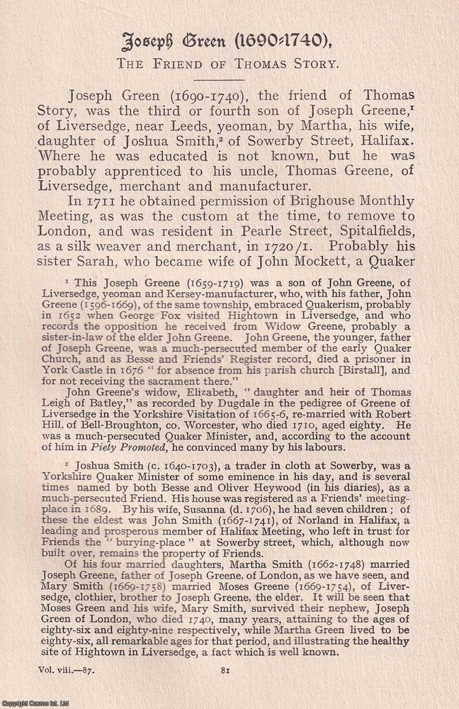 Item #365533 Quakers: Joseph Green (1690-1740), the Friend of Thomas Story. An original article...