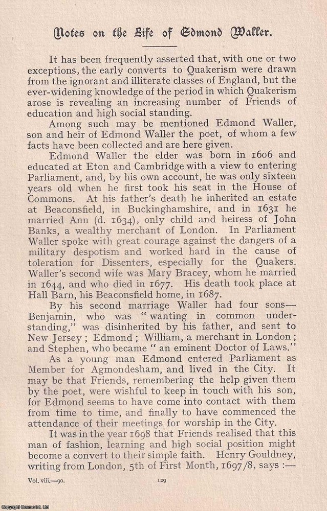 Item #365536 Quakers: The Life of Edmond Waller. An original article from the Journal of the...