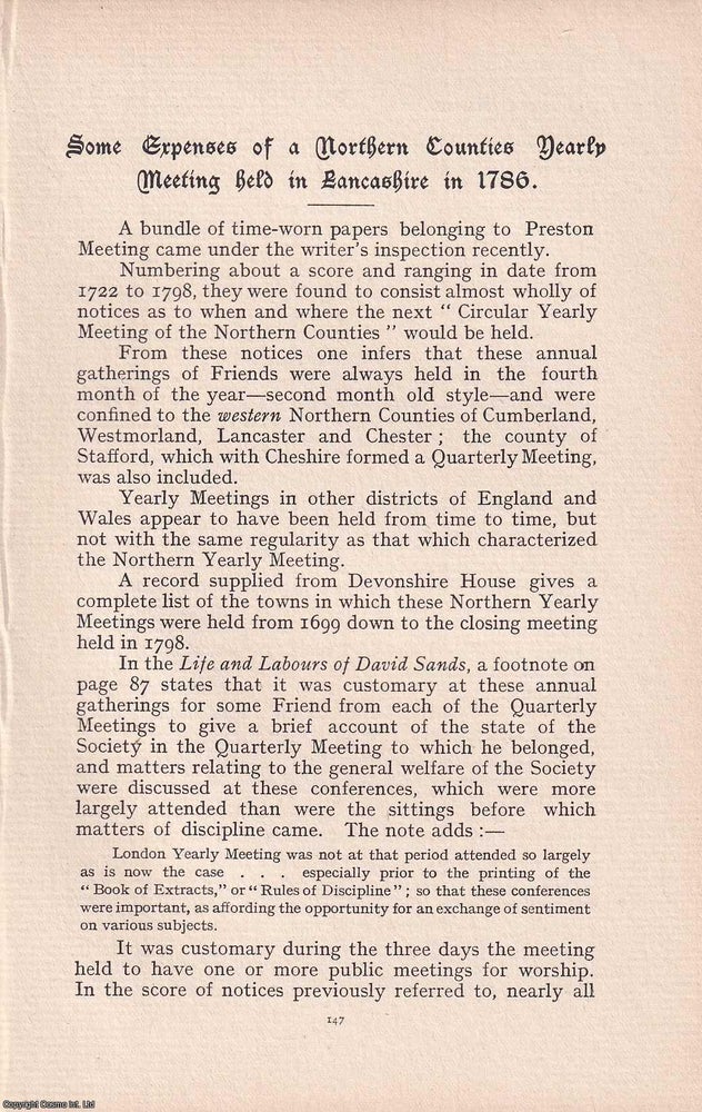Item #365546 Quakers: Some Expenses of a Northern Counties Yearly Meeting in Lancashire in 1786....