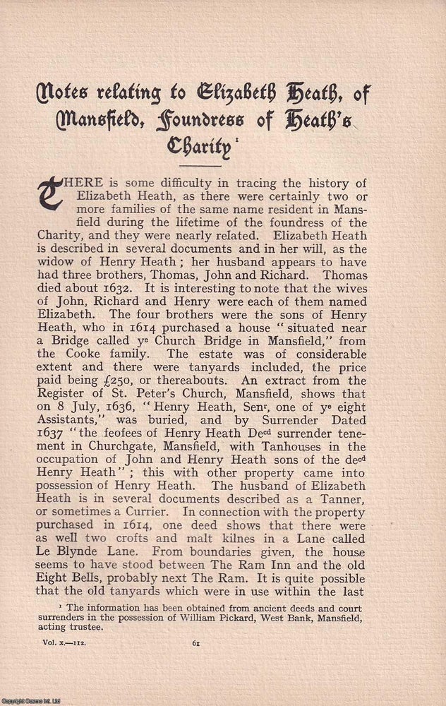 Item #365547 Quakers: Elizabeth Heath, of Mansfield, Foundress of Heath's Charity. An...