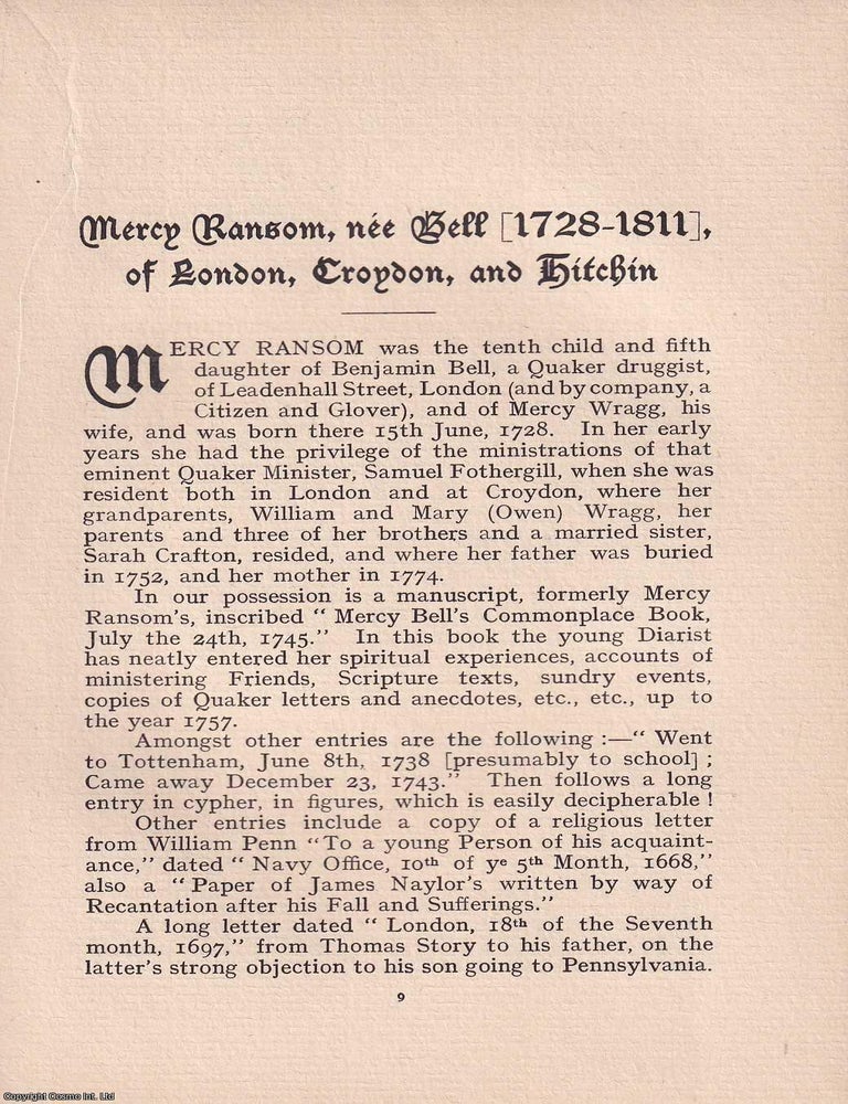 Item #365556 Quakers: Mercy Ransom, nee Bell (1728-1811), of London, Croydon, and Hitchin. An...