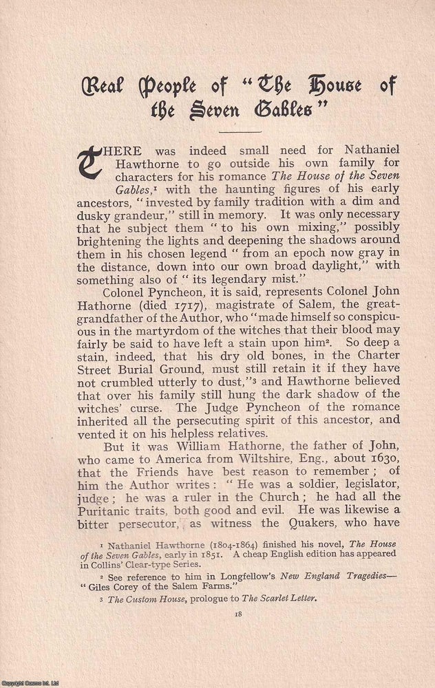Item #365557 Quakers: Real People of The House of the Seven Gables. An original article from the...