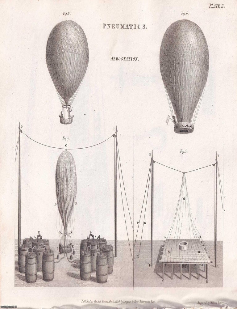 Item #365581 1818. Pneumatics. 19 original plates: Aerostation (ballooning); Air Pumps and Experiments on Air; Barometers; Condensers, Pyrmont Water; Thermometers, Ventilation, etc. From Abraham Rees' Cyclopaedia, or Universal Dictionary of Arts, Sciences, and Literature. AIR PRESSURE.