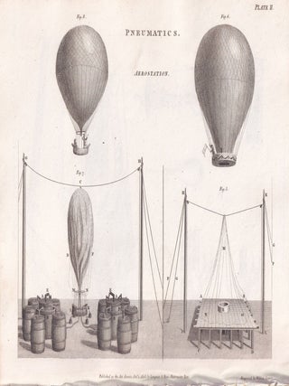 1818. Pneumatics. 19 original plates: Aerostation (ballooning); Air Pumps and Experiments on Air; Barometers; Condensers, Pyrmont Water; Thermometers, Ventilation, etc. From Abraham Rees' Cyclopaedia, or Universal Dictionary of Arts, Sciences, and Literature.