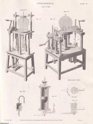 1818. Pneumatics. 19 original plates: Aerostation (ballooning); Air Pumps and Experiments on Air; Barometers; Condensers, Pyrmont Water; Thermometers, Ventilation, etc. From Abraham Rees' Cyclopaedia, or Universal Dictionary of Arts, Sciences, and Literature.