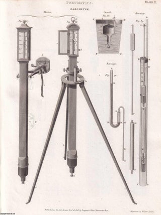 1818. Pneumatics. 19 original plates: Aerostation (ballooning); Air Pumps and Experiments on Air; Barometers; Condensers, Pyrmont Water; Thermometers, Ventilation, etc. From Abraham Rees' Cyclopaedia, or Universal Dictionary of Arts, Sciences, and Literature.