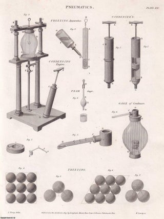 1818. Pneumatics. 19 original plates: Aerostation (ballooning); Air Pumps and Experiments on Air; Barometers; Condensers, Pyrmont Water; Thermometers, Ventilation, etc. From Abraham Rees' Cyclopaedia, or Universal Dictionary of Arts, Sciences, and Literature.