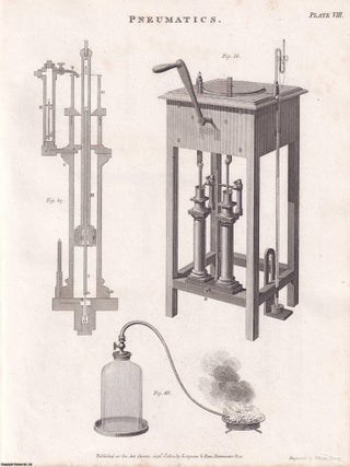 1818. Pneumatics. 19 original plates: Aerostation (ballooning); Air Pumps and Experiments on Air; Barometers; Condensers, Pyrmont Water; Thermometers, Ventilation, etc. From Abraham Rees' Cyclopaedia, or Universal Dictionary of Arts, Sciences, and Literature.