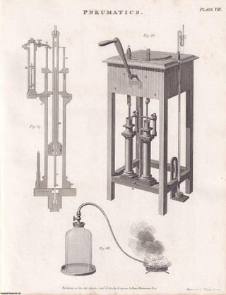 1818. Pneumatics. 19 original plates: Aerostation (ballooning); Air Pumps and Experiments on Air; Barometers; Condensers, Pyrmont Water; Thermometers, Ventilation, etc. From Abraham Rees' Cyclopaedia, or Universal Dictionary of Arts, Sciences, and Literature.