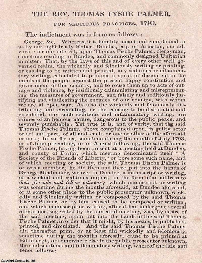 Item #365653 The Trial of the Rev. Thomas Fyshe Palmer, for Seditious Practices, 1793. Disbound...