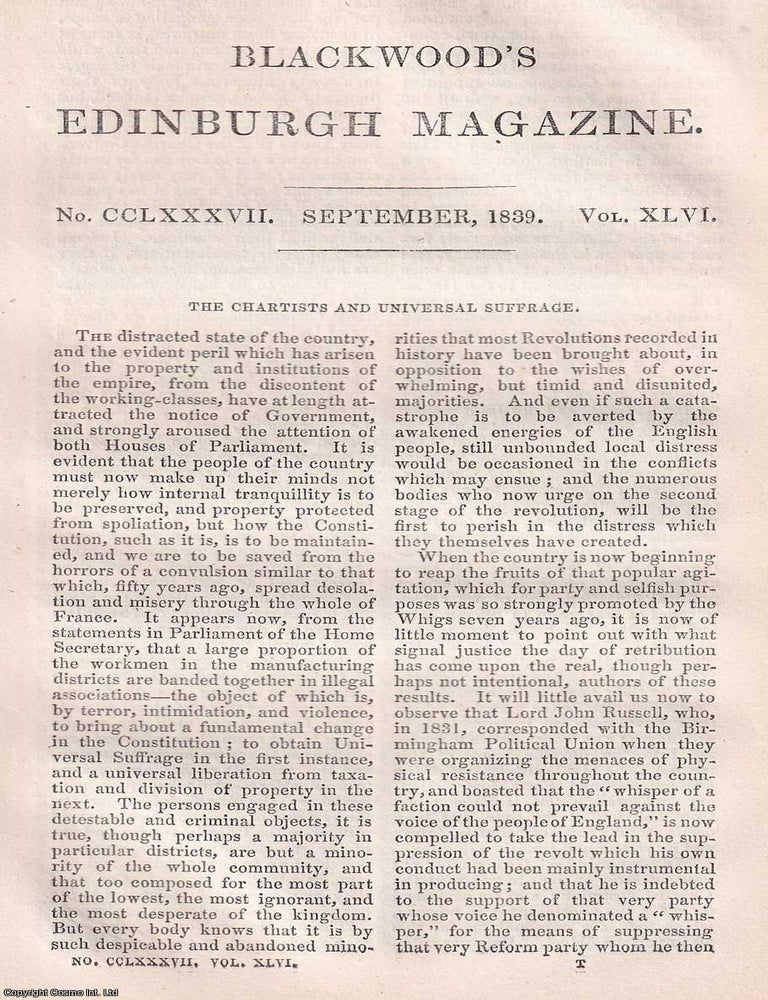 Item #365678 The Chartists and Universal Suffrage. A rare original article from the...