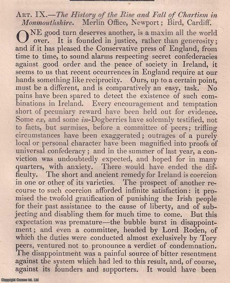 Item #365679 The Rise and Fall of Chartism in Monmouthshire. An original article from the Dublin...
