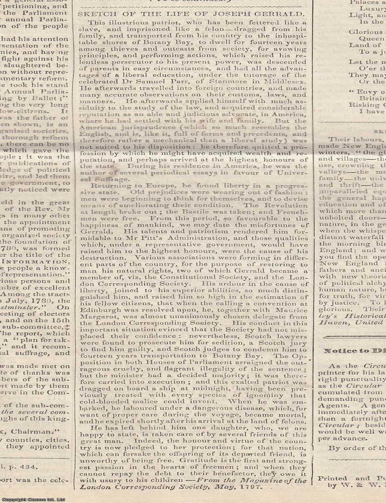 Item #365697 Sketch of the Life of Joseph Gerald. Contained in a complete issue of The Chartist...