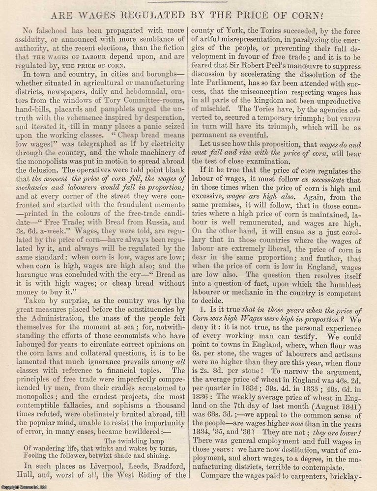 Item #365731 Are Wages Regulated by The Price of Corn ? 4 pages. An article printed in 1841,...