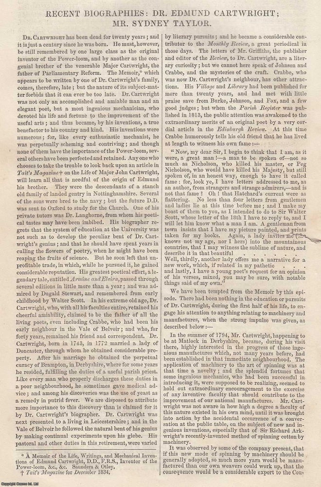 Item #365737 Dr. Edmund Cartwright ; Mr Sydney Taylor. An original article from Tait's...