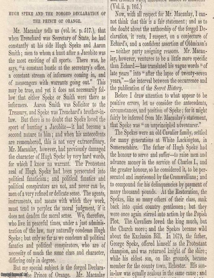 Item #365810 Hugh Speke and the Forged Declaration of the Prince of Orange. An original article...