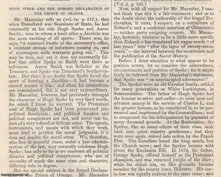 Item #365810 Hugh Speke and the Forged Declaration of the Prince of Orange. An original article...