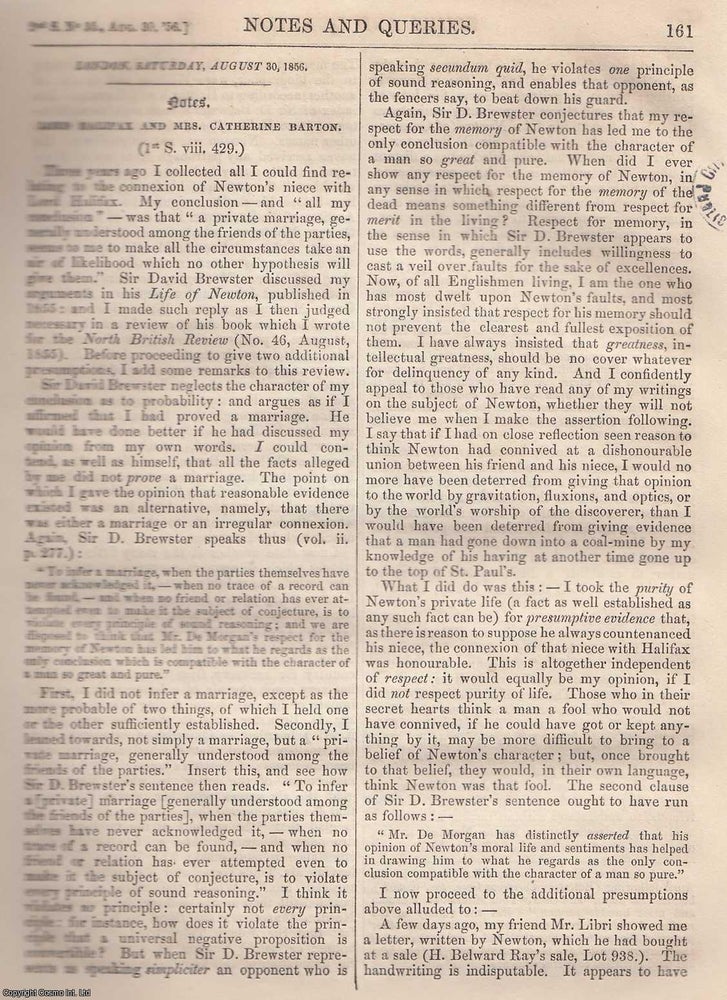 Item #365831 Lord Halifax and Mrs. Catherine Barton. An original article from the Notes and...