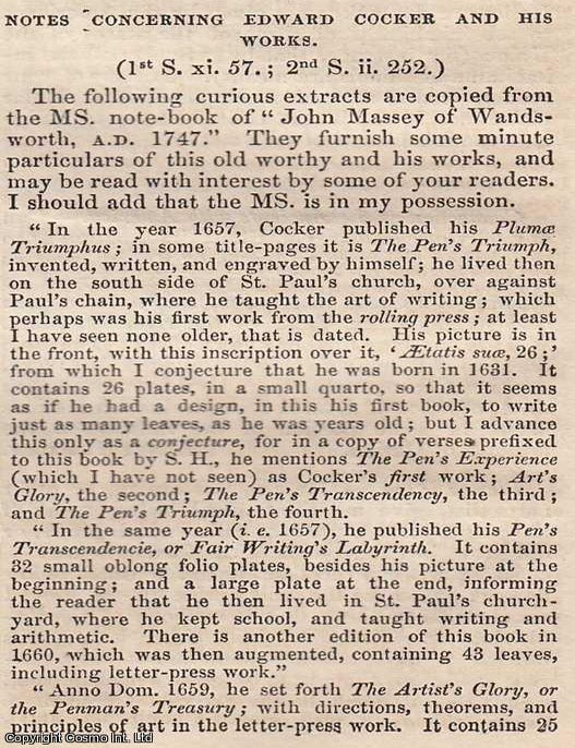 Item #365834 Edward Cocker and His Works (Arithmetic, etc). An original article from the Notes...
