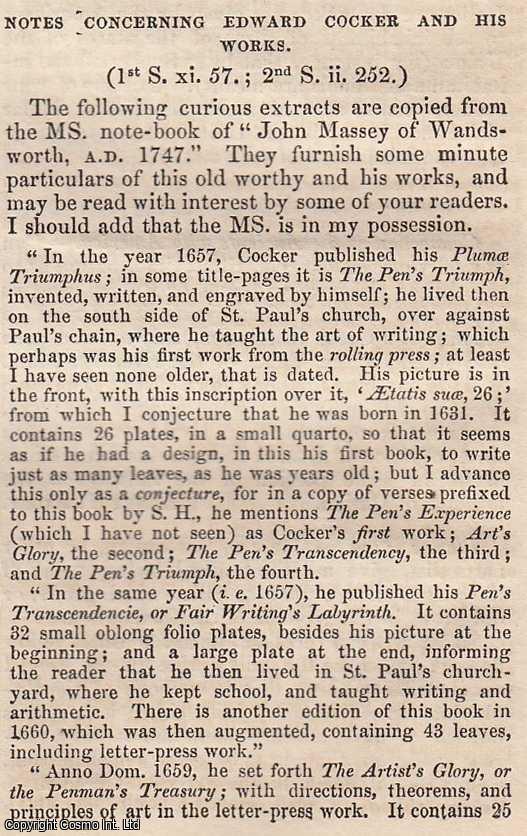 Item #365834 Edward Cocker and His Works (Arithmetic, etc). An original article from the Notes...