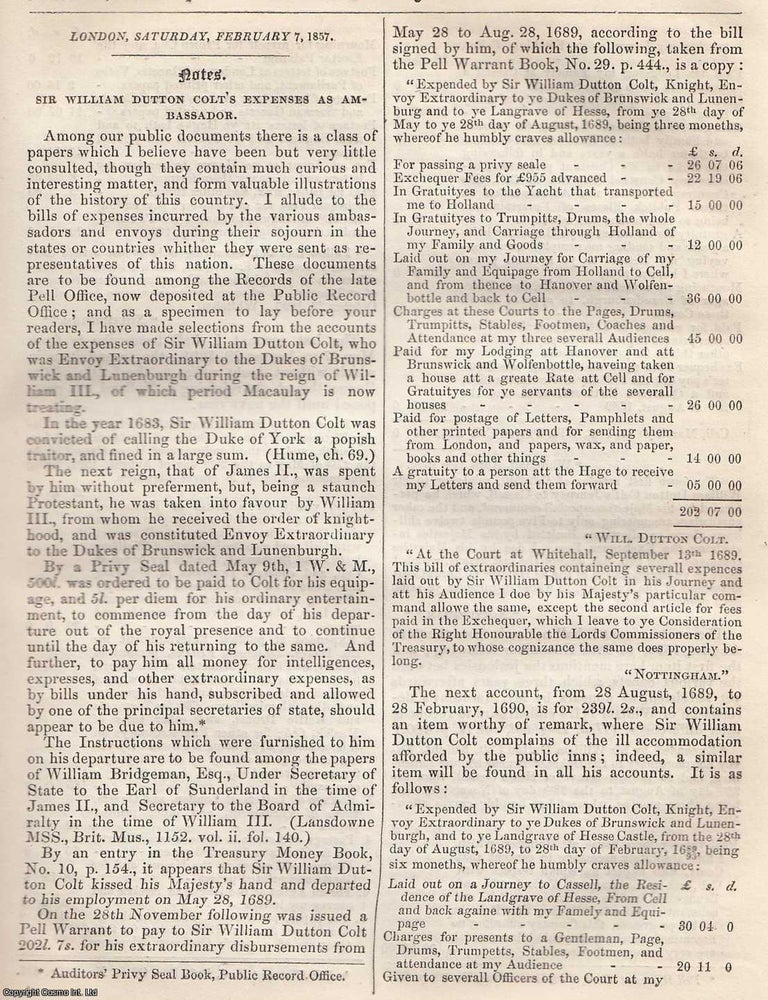 Item #365837 Sir William Dutton Colt's Expenses as Ambassador. An original article from the...
